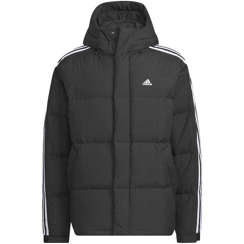 adidas 袖子侧边条纹运动保暖连帽羽绒服 男款 黑色 IT8732
