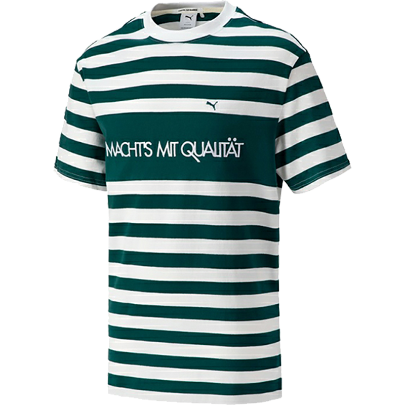 Puma 条纹字母圆领套头休闲短袖T恤 男女同款 绿色 537510-24