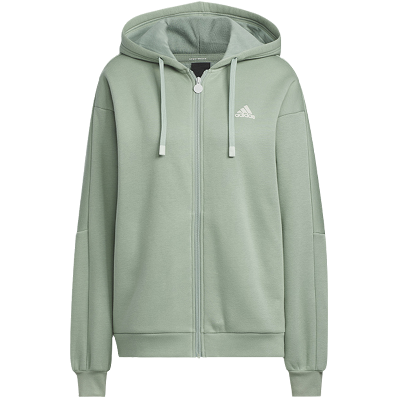 adidas 宽松拉链连帽抽绳长袖夹克外套 女款 抹茶色 IK9894