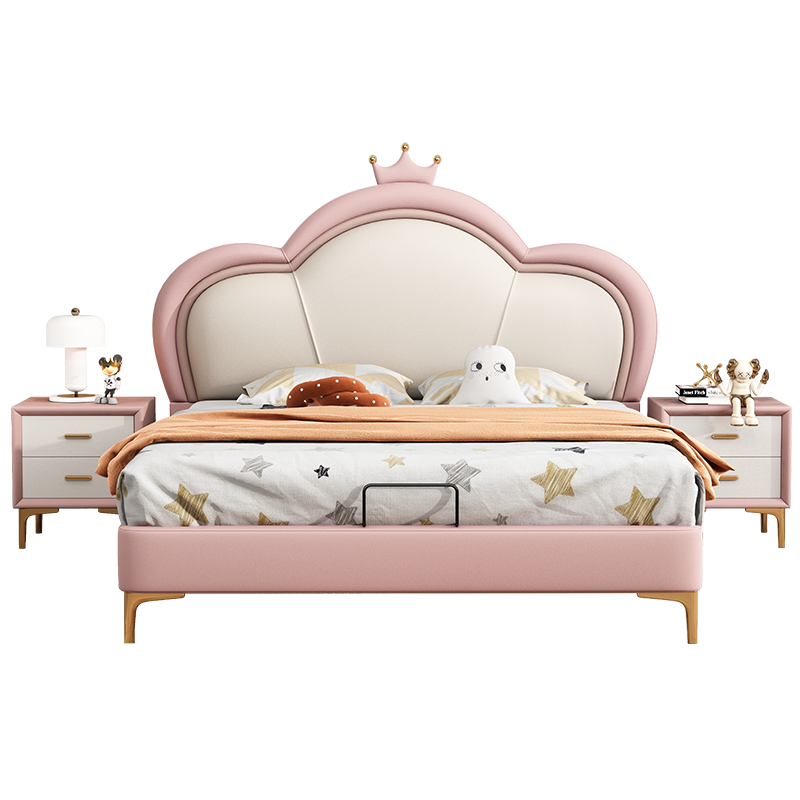兰秀家居 儿童床女孩公主床现代简约皇冠皮艺床ins网红1.5米粉色云朵少女学生房间单双人实木床卧室家具