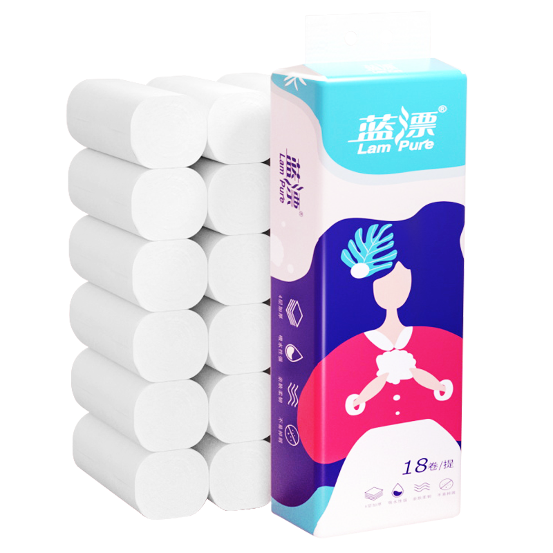 蓝漂自然无香竹浆白色扁卷四层加厚柔韧亲肤18卷/提