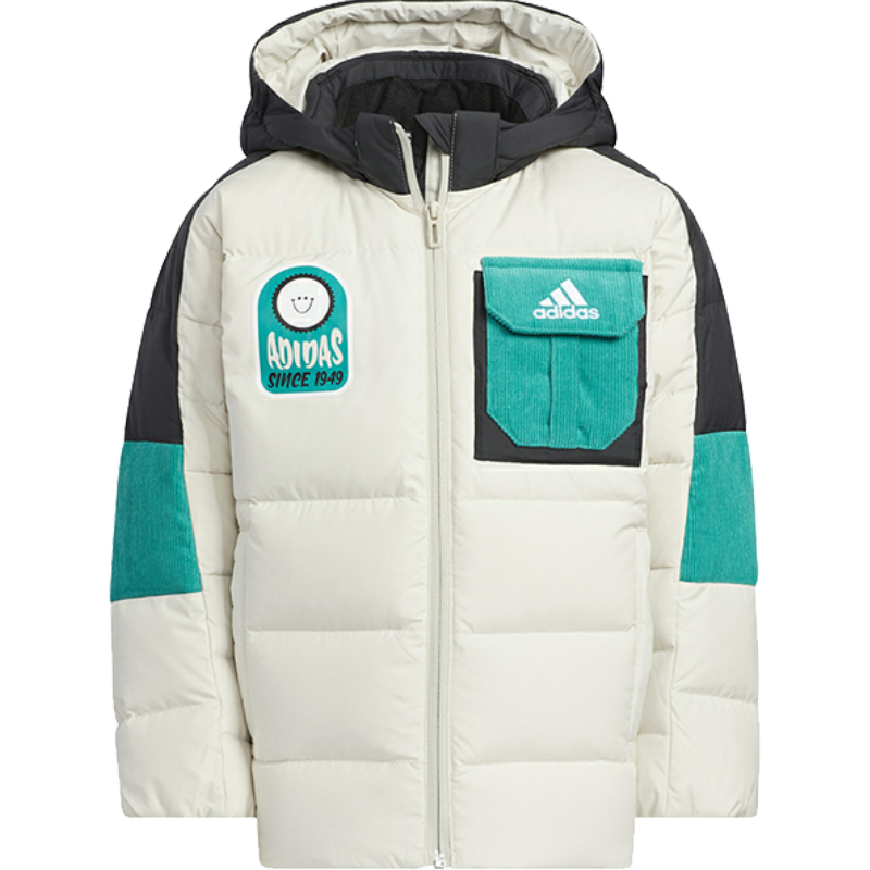 adidas 童装 Logo印花图案拉链连帽羽绒服 男童 白色 HM9642