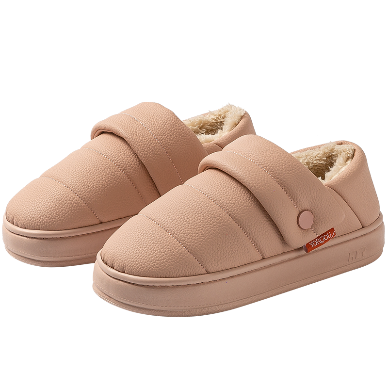 远港包跟棉拖鞋女外穿秋冬季防水防滑厚底室内家居家用保暖PU皮棉鞋男