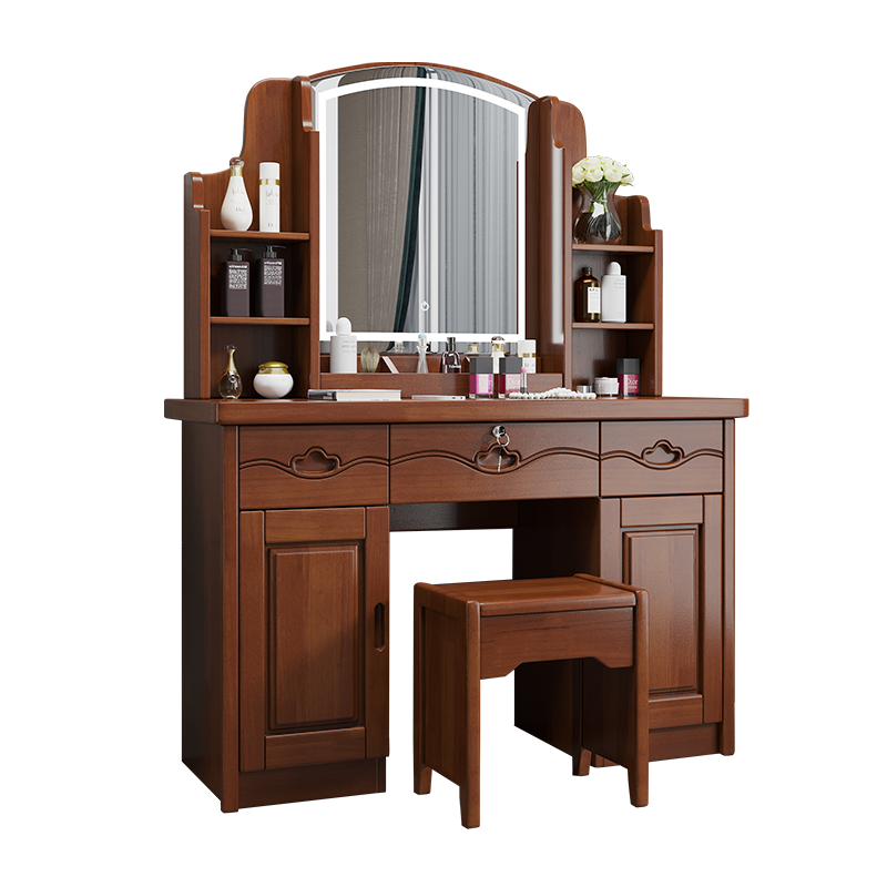 青木川 中式实木梳妆台斗柜主卧室房间带灯2023新款小型网红多功能床边化妆桌雕花化妆柜简约现代化妆桌