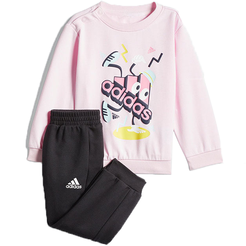 adidas 童装 卡通字母Logo印花套头圆领长袖卫衣束脚运动裤套装 女童 HS1020