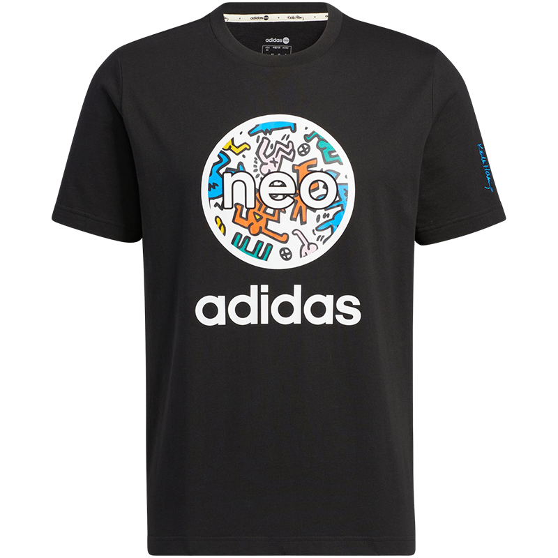 adidas neo x 凯斯·哈林 keith haring 卡通logo印花运动T恤 男女同款 黑色 HD7271