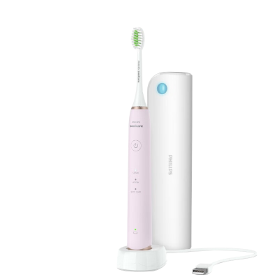 飞利浦(PHILIPS)电动牙刷成人智能声波震动牙刷情侣款 生日礼物送礼 3种模式含杀菌旅行盒HX2461/04蔷薇粉