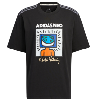 adidas neo 卡通字母图案条纹运动休闲圆领T恤 男款 黑色 HD7267
