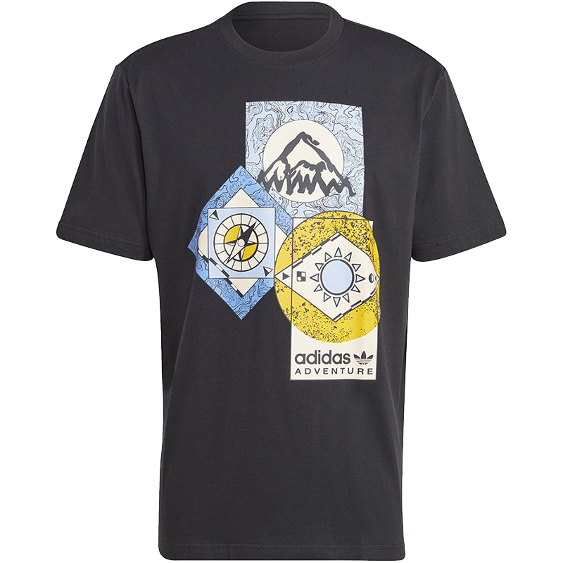 adidas originals Adventure Fc Tee 山峰图案印花运动短袖T恤 男款 黑色 HR4222
