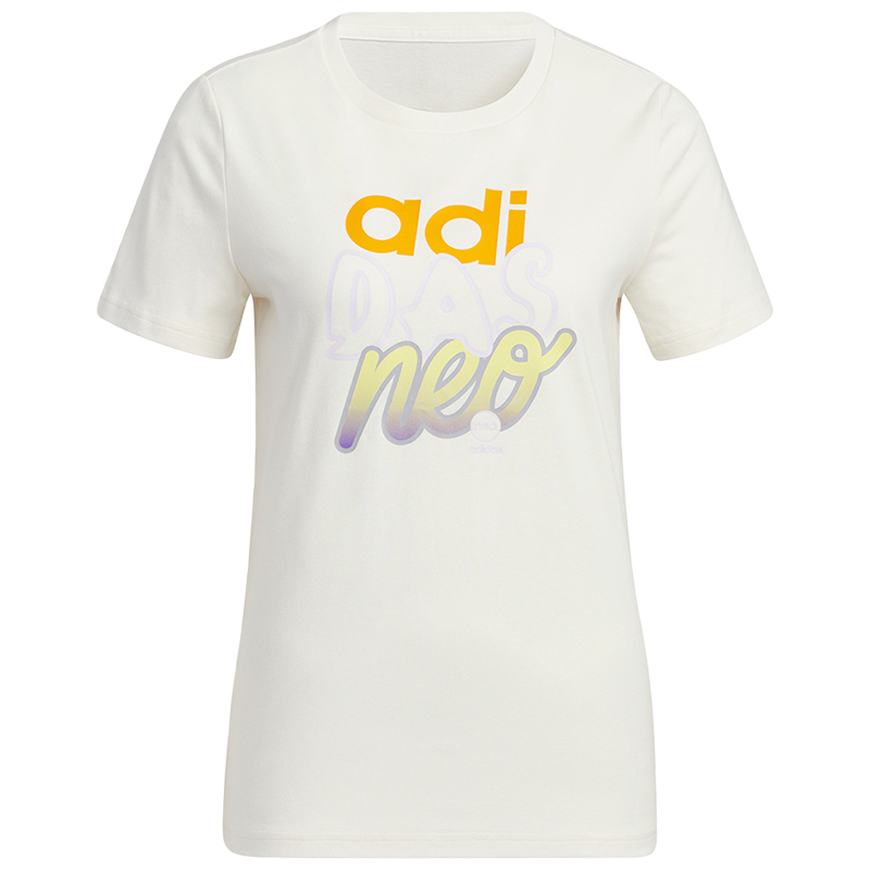 adidas neo 字母印花圆领休闲运动T恤 女款 米白色 HS8821