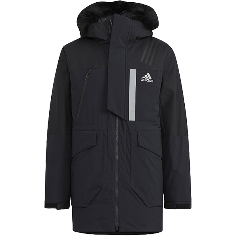 adidas Fur Hood Dwn Pk 纯色印花Logo拉链连帽羽绒服 男女同款 黑色 HR5232