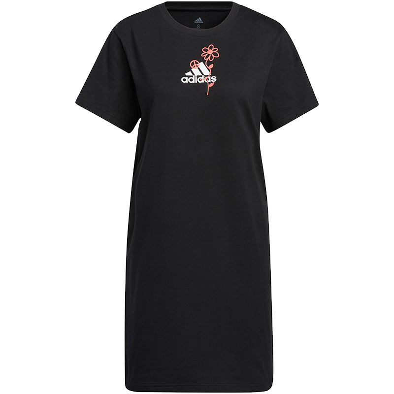 adidas 棋盘格花朵印花圆领套头短袖连衣裙 黑色 H57414