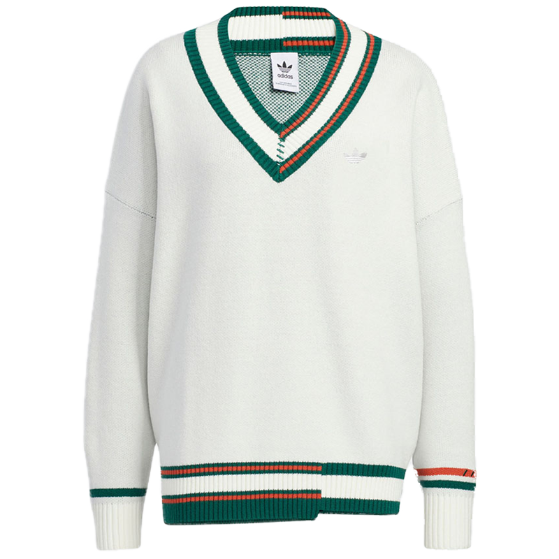 adidas originals 拼接V领套头品牌Logo刺绣针织衫 女款 汉玉白 HS9521