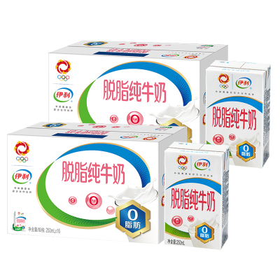 [6月生产]伊利脱脂牛奶250ml*16盒*2箱 零脂肪 好营养 整箱家庭装 礼盒装