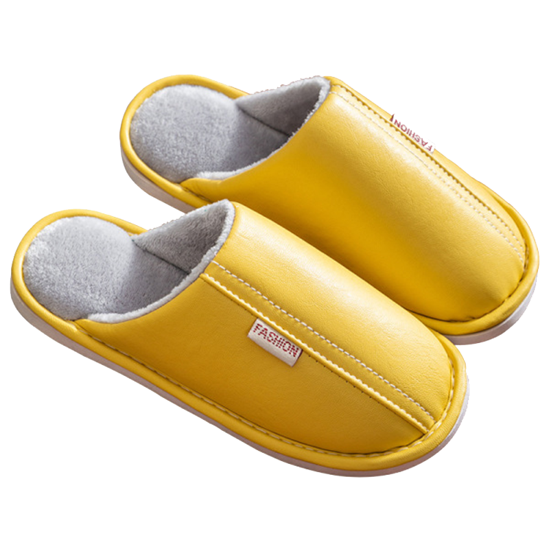 IQGD棉拖鞋女冬季室内防水防滑PU皮情侣居家厚底毛绒保暖男皮拖鞋