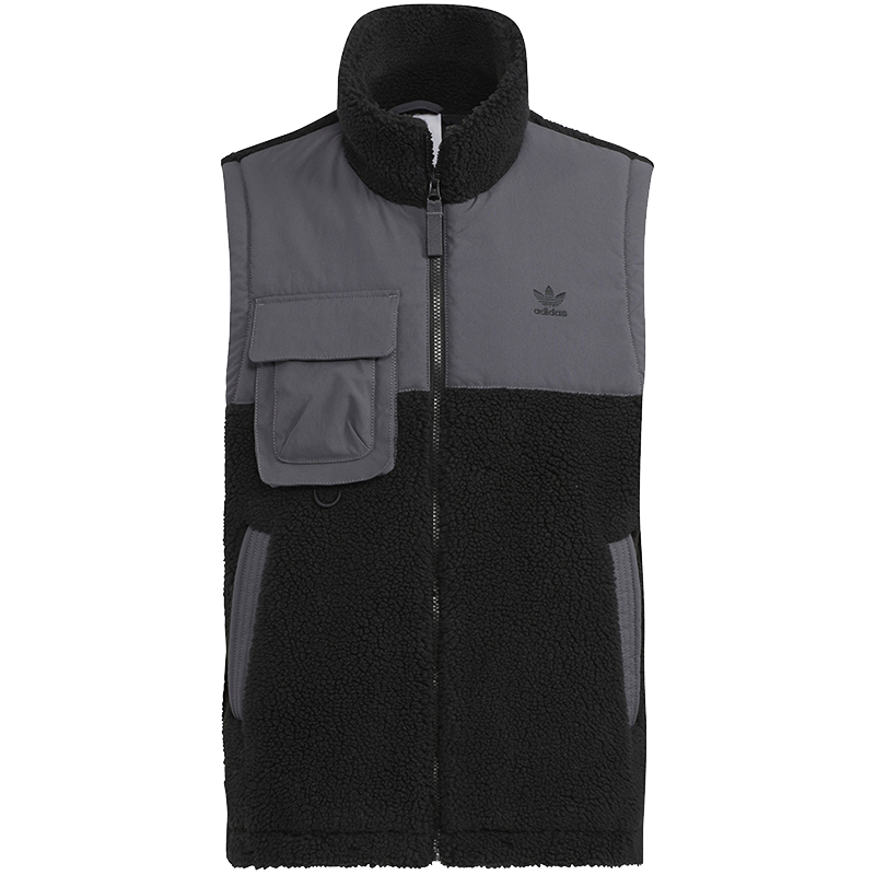 adidas originals FW22 Logo印花拉链立领仿羊羔绒无袖马甲 男款 黑色 IC8160