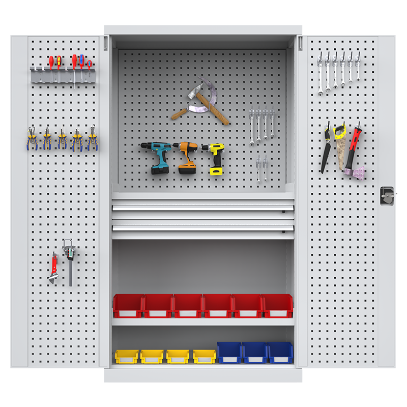 尔迈 五金工具柜工厂车间工具收纳箱重型多功能储物 灰色 双抽带挂板