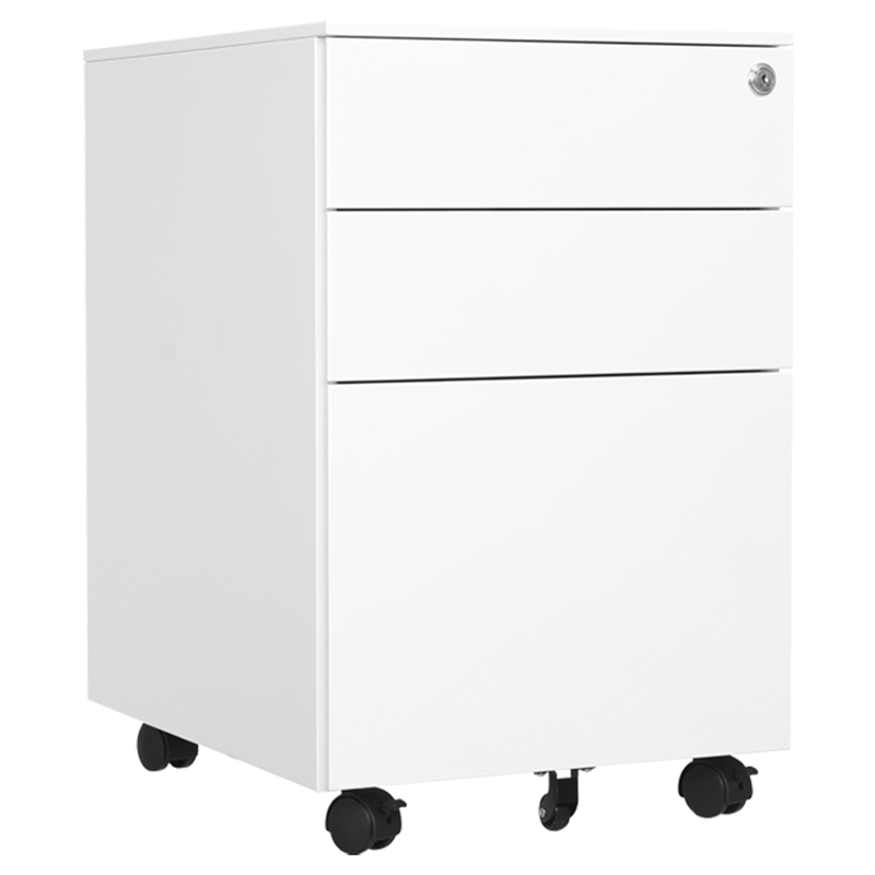 尔迈 带锁移动小矮柜地柜简易活动柜小型办公文件柜办公桌下收纳抽屉柜 三抽侧拉手 白色