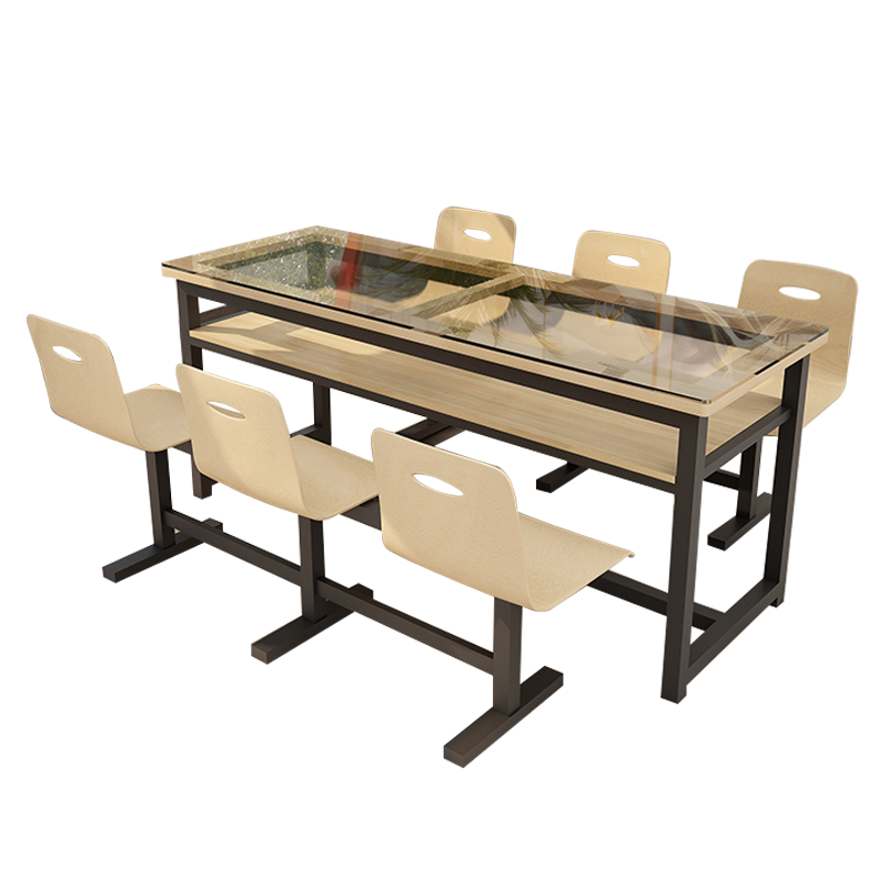 风雷顺餐桌6人学校食堂小吃店快餐桌椅饭堂钢化玻璃桌1800*600*750含椅