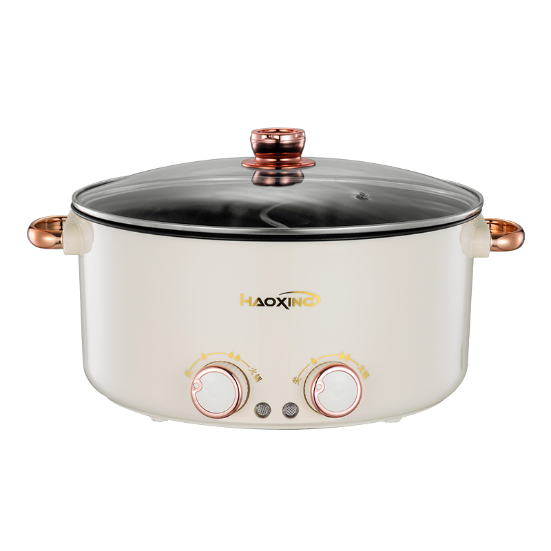鸳鸯电火锅家用电煮锅多功能一体式双开关大容量电热不粘锅电煮锅32cm卡其色