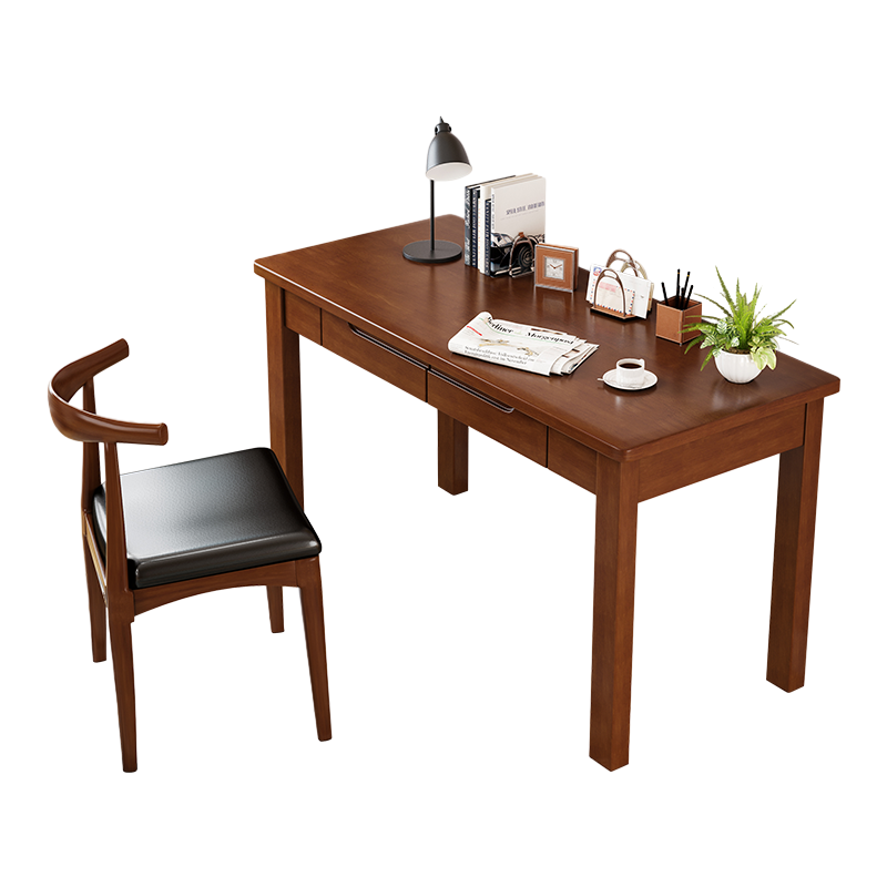 科野 电脑桌台式家用实木书桌写字台中学生学习书房卧室现代简约桌子可定制 单书桌胡桃色800*550*750双抽屉