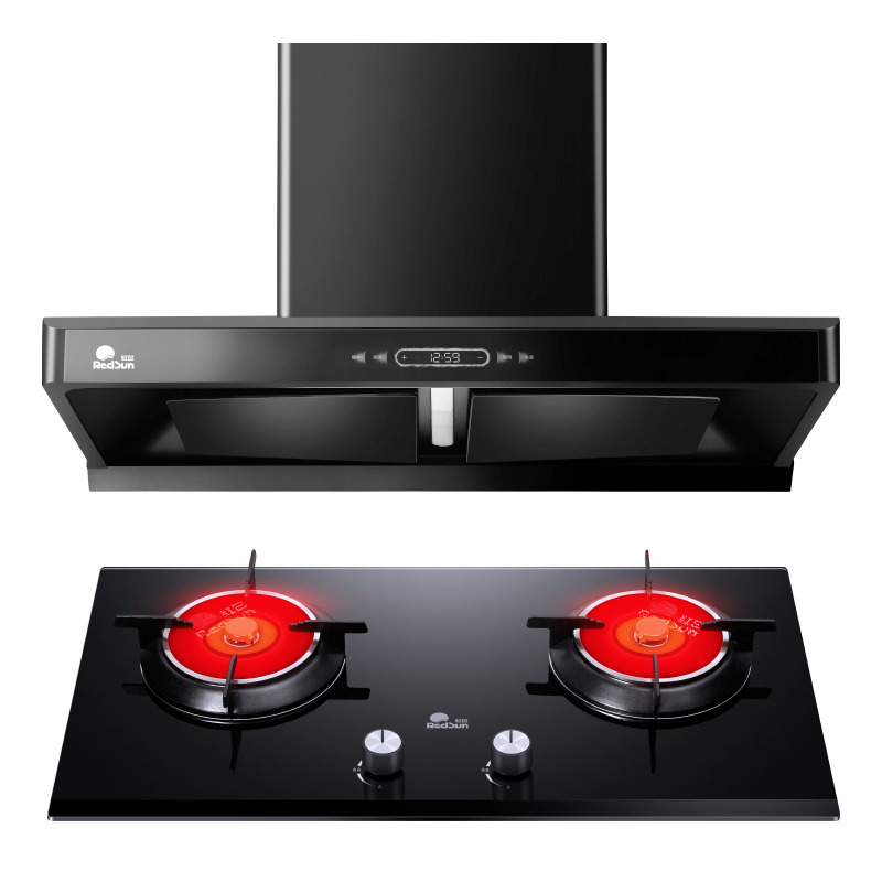 红日(RedSun)烟灶套餐家用欧式23立方瞬吸1000pa强排烟机挥手感应油烟机变频双腔烟机套装22H+YEM208B
