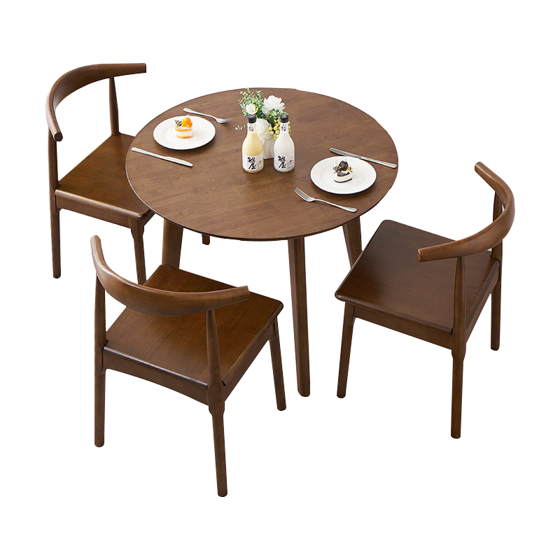 臻远 实木小圆桌简约圆形餐桌接待洽谈桌茶桌椅组合 胡桃色0.8米一桌三椅