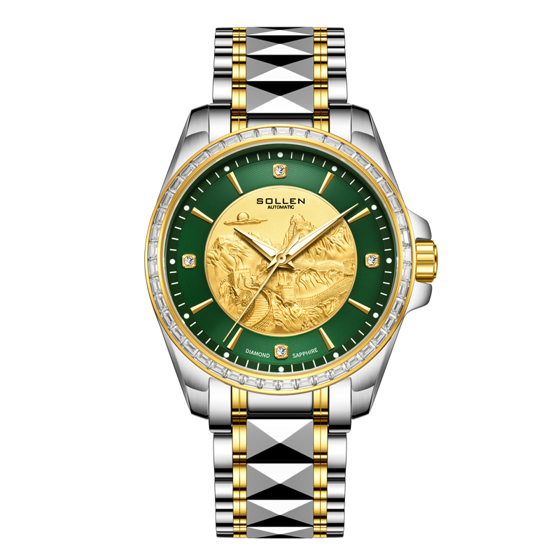 梭伦(SOLLEN)万里长城系列男表轻奢商务时尚带钻休闲自动机械表手表男SL-9075