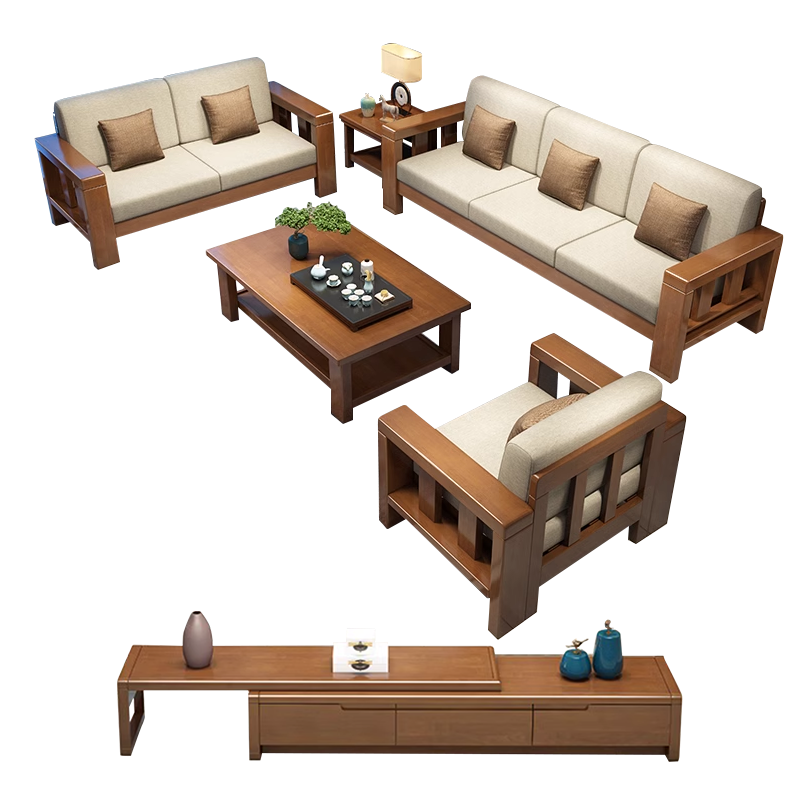 洛泰远 简约实木沙发胡桃色实木沙发茶几组合 1+2+3+长茶几+方几+电视柜 2040*750*880mm