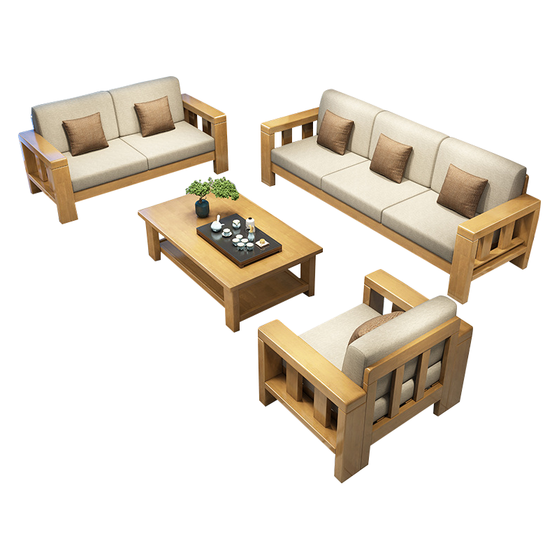 洛泰远 简约实木沙发原木色实木沙发茶几组合 1+2+3+长茶几 2040*750*880mm