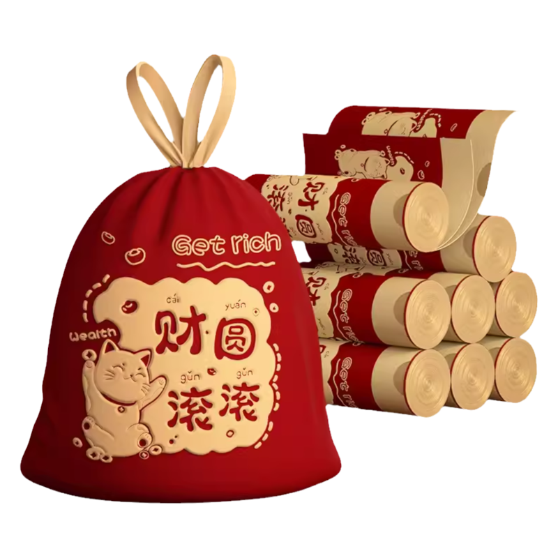 靓涤龙年新年红色垃圾袋过年家用加厚款手提式免撕抽绳收口塑料袋