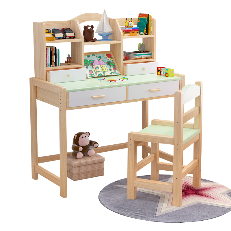 儿童实木学习桌 家用写字台桌椅套装简约男孩女孩书桌小学生课桌椅 木质粉色简约现代巧妈邦