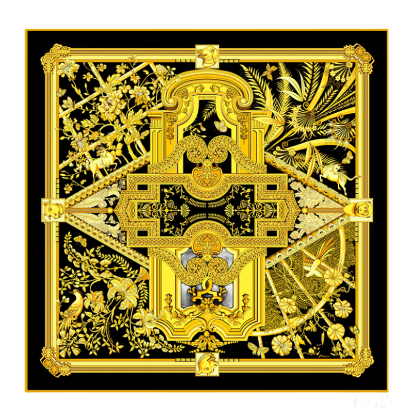 经纶堂蚕丝丝巾万缘之园-黑金,16姆米斜纹绸88*88cm