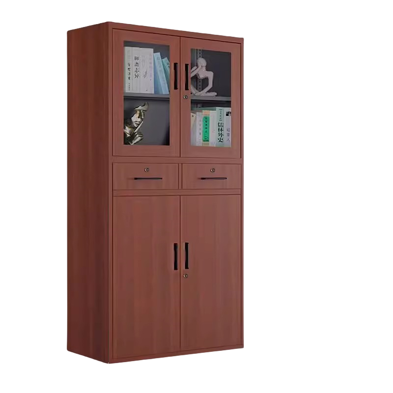 迅迈 深樱桃木450宽上玻下铁柜 文件柜 钢制铁皮柜 办公资料档案柜 带锁柜储物 矮柜木纹书柜