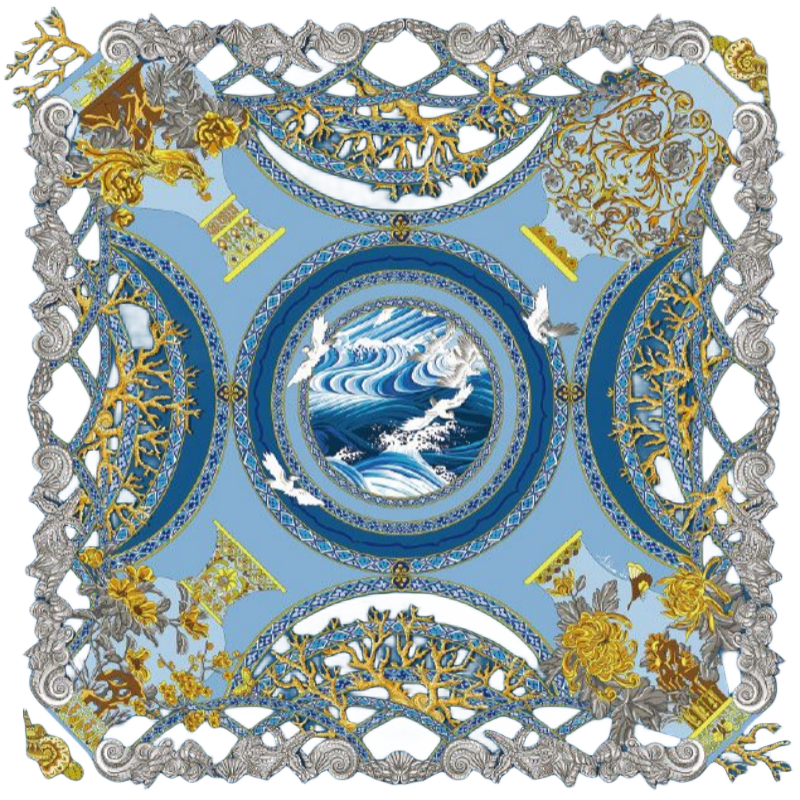 经纶堂丝巾瓷器之路-青瓷色、中国红16姆米斜纹绸88X88cm