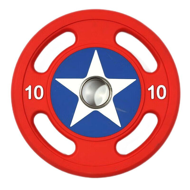 韦步举重杠铃 举重器材 商用健身房杠铃片美国队长PU举重杠铃片包胶片大孔美队手抓配重片10公斤*单片
