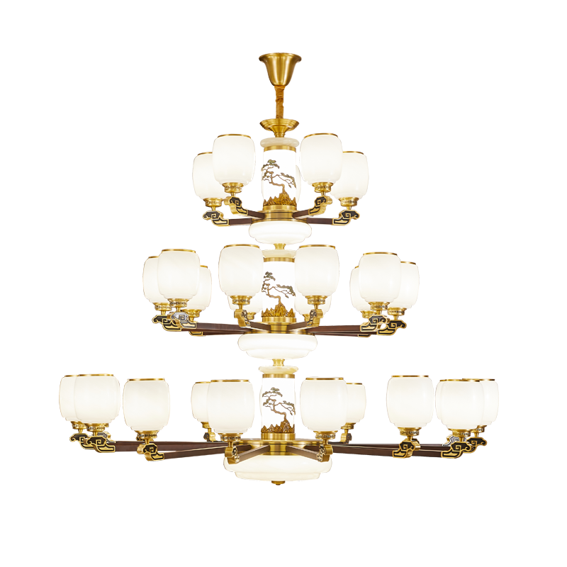 新中式全铜红木大吊灯轻奢大气客厅别墅复式楼中空大厅餐厅灯具