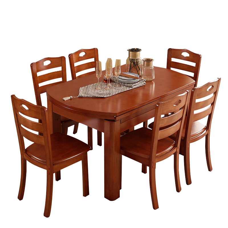 初嘉(CJ) 实木餐桌椅组合胡桃色圆形餐桌椅一桌六椅