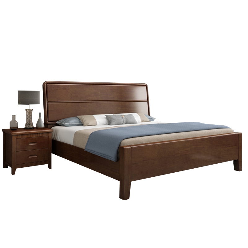 翌嘉 实木床简约1.5米单人床含一个床头柜 胡桃色