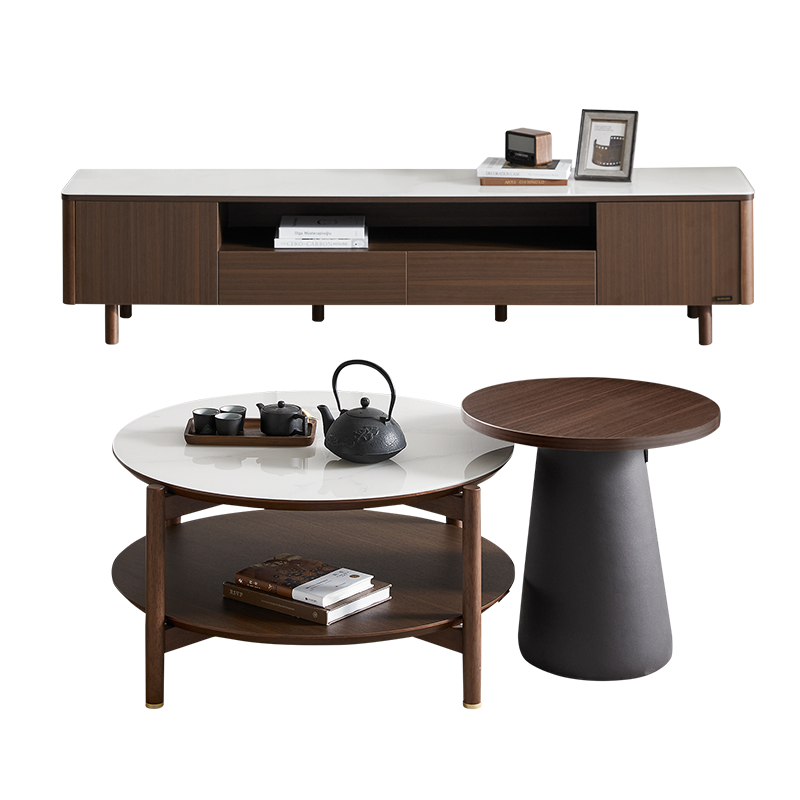 全友家居新中式橡胶木实木脚钢化玻璃台面客厅高圆茶几矮圆茶几高低错落半开放式分区储物电视柜家具