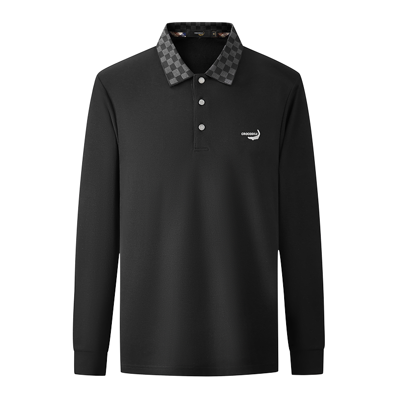 鳄鱼恤CROCODILE POLO衫男士商务休闲秋冬时尚棋盘格翻领长袖T恤