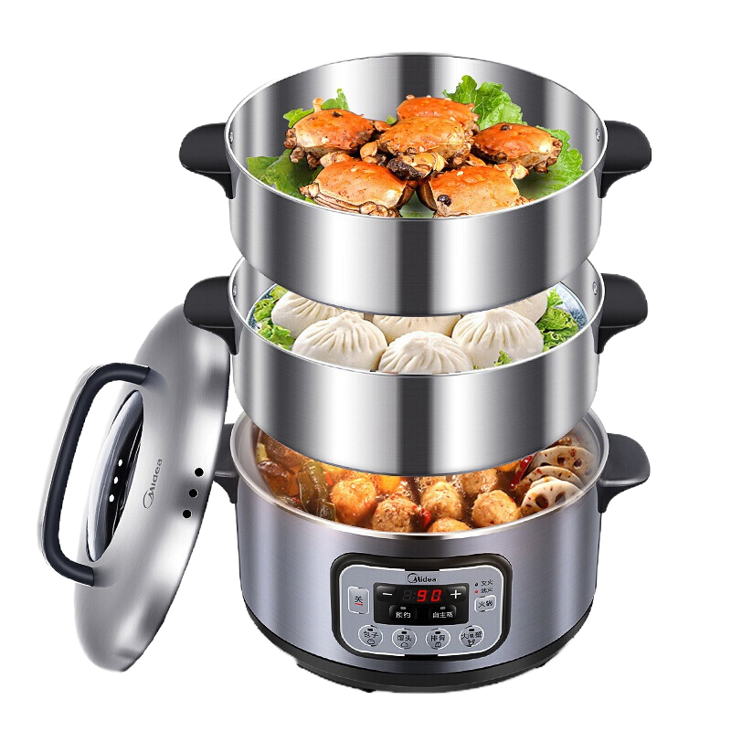 美的(Midea)智能家用电蒸锅MZ-ZG28Power501 可定时预约 三层蒸笼14.8L大容量多功能锅肠粉机不锈钢