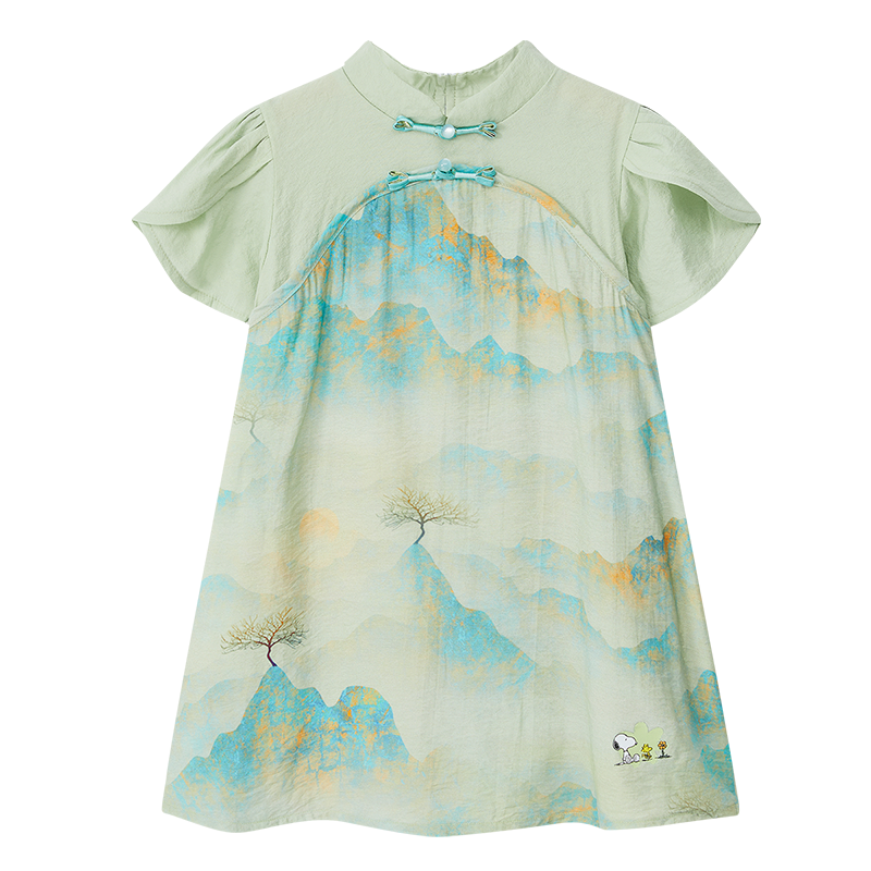 史努比儿童连衣裙女中小童立领中式旗袍山水画裙TYX7256