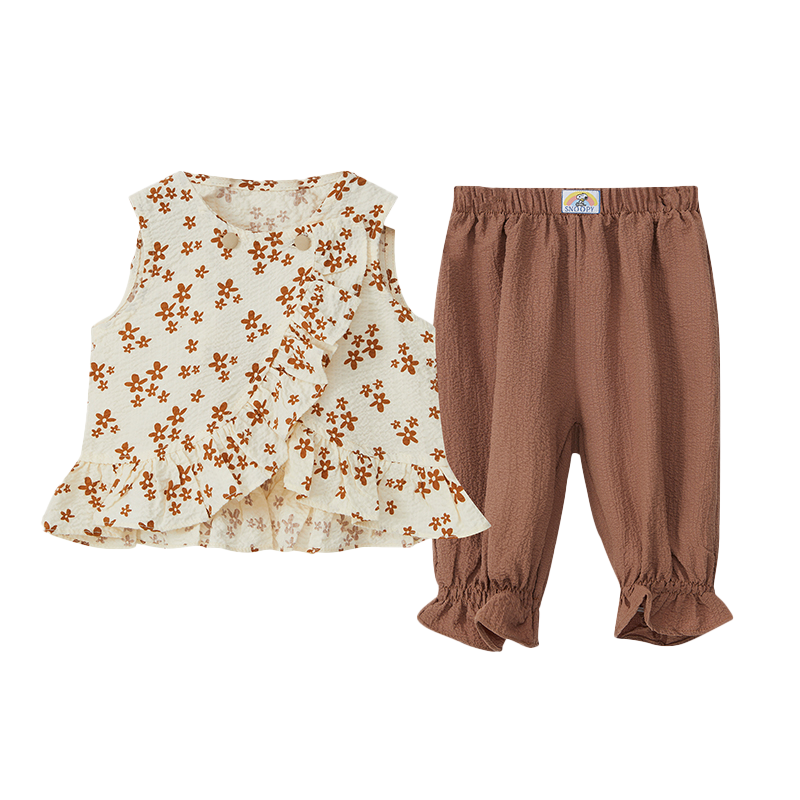 史努比女童套装女宝宝夏季韩版时髦儿童碎花无袖上衣裤子两件套TYX7233