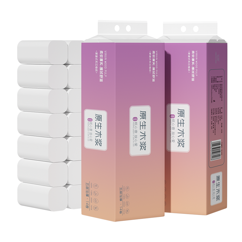 织梦 卫生纸家用原生木浆无芯卷纸 五层加厚14卷每提 整提便携实惠装擦手纸厕纸巾 母婴可用 2提装