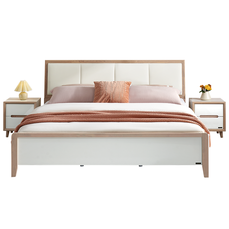 全友家居 北欧简约双人床实木边框 欧皮软包床屏 卧室家具 1.5米/1.8米板式床