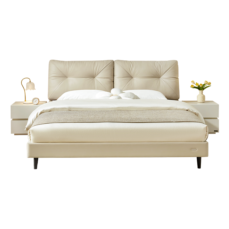 全友家居现代简约软床卧室进口头层牛皮双层叠复软靠皮艺床1.5m1.8米双人皮床