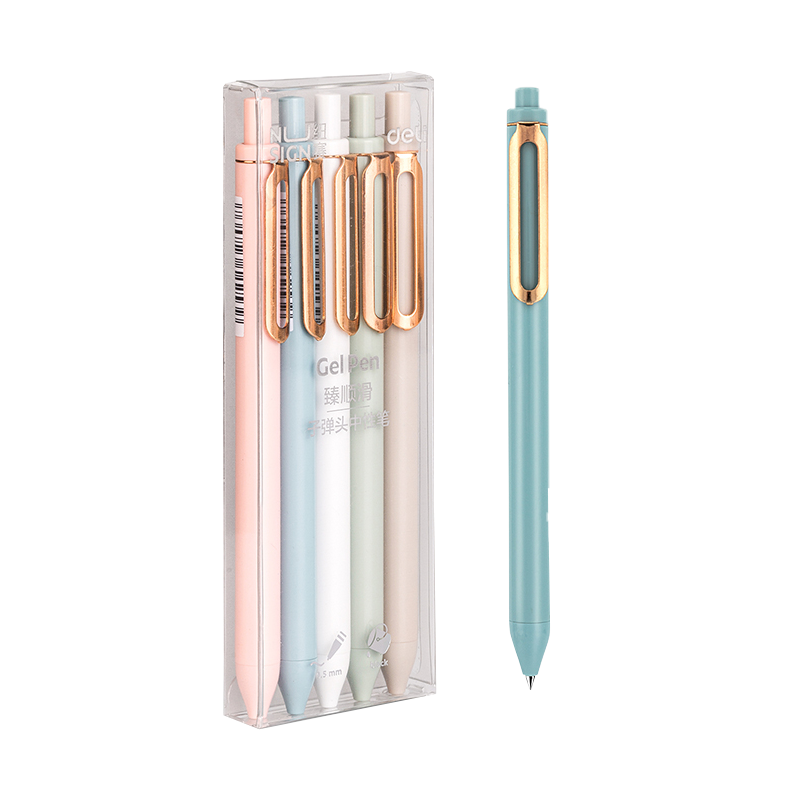 得力NS572按动中性笔黑色0.5mm子弹头5支装 时尚造型和风色系签字办公水笔