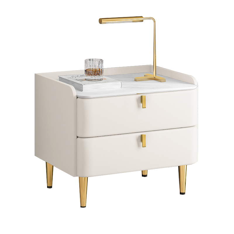 欧梵森 床头柜现代简约轻奢岩板卧室小柜子多功能小户型储物柜实木极简小型皮质床边柜收纳柜