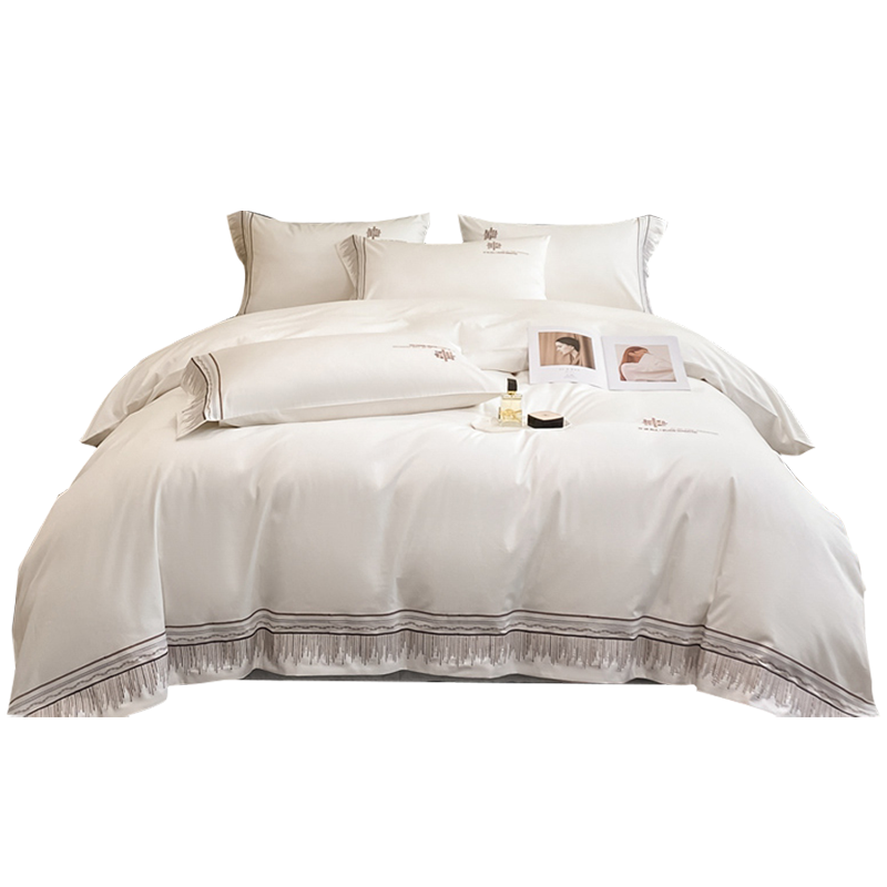 贡缎长绒棉纯棉刺绣赛丽四件套珍珠白